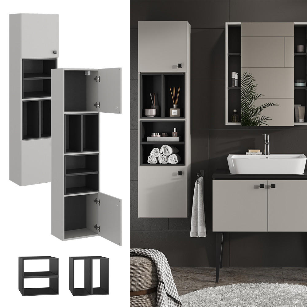 BADSCHRANK Gerta Grau 37.5 x 150 cm mit Tür und offenen Fächern - Grau, Holzwerkstoff (37.5/150/26cm) - Vicco