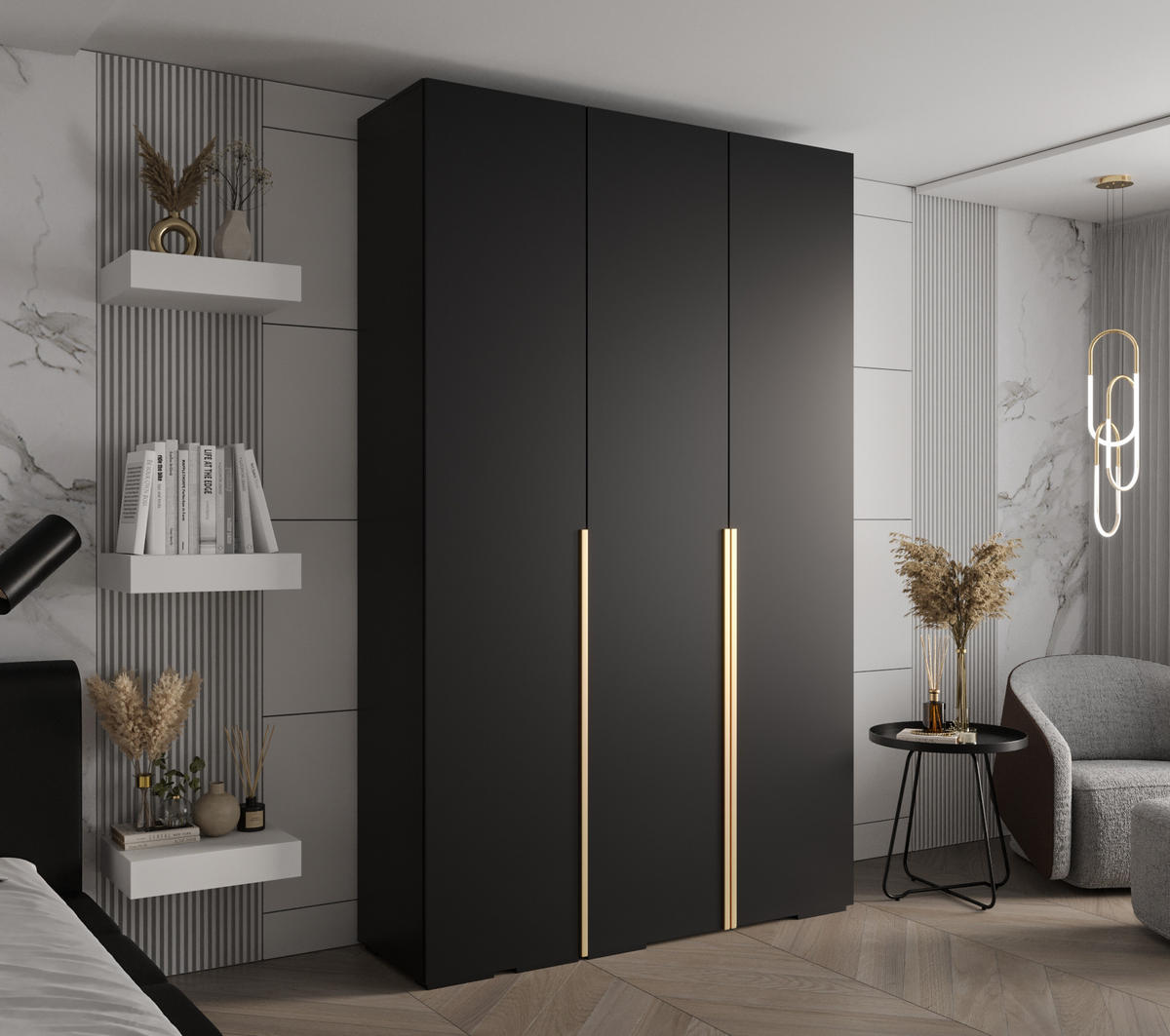 DREHTÜRENSCHRANK 236.7/150/47 3-türig - Goldfarben/Schwarz, Holz/Metall (150/236.7/47cm) - MÖBEL KRYSPOL