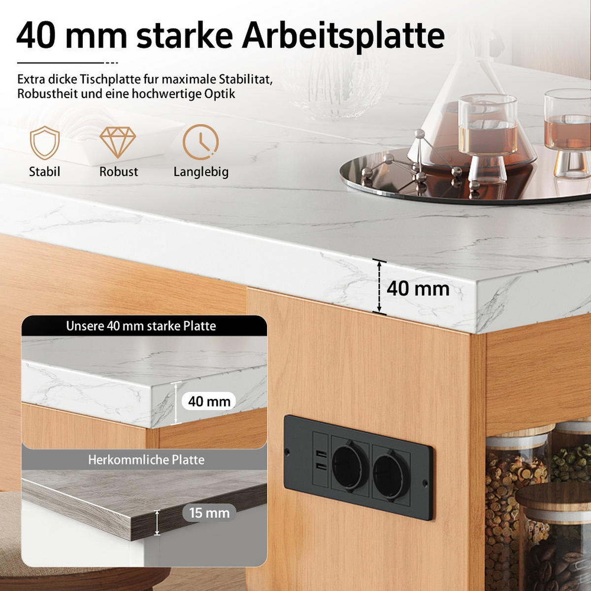 KÜCHENINSEL mit LED-Beleuchtung und Steckdose, 40 mm Arbeitsplatte, 3 offene Ablagen, MDF, 155/80/90 cm - Naturfarben, Kunststoff (80/90/155cm) - Rolipo