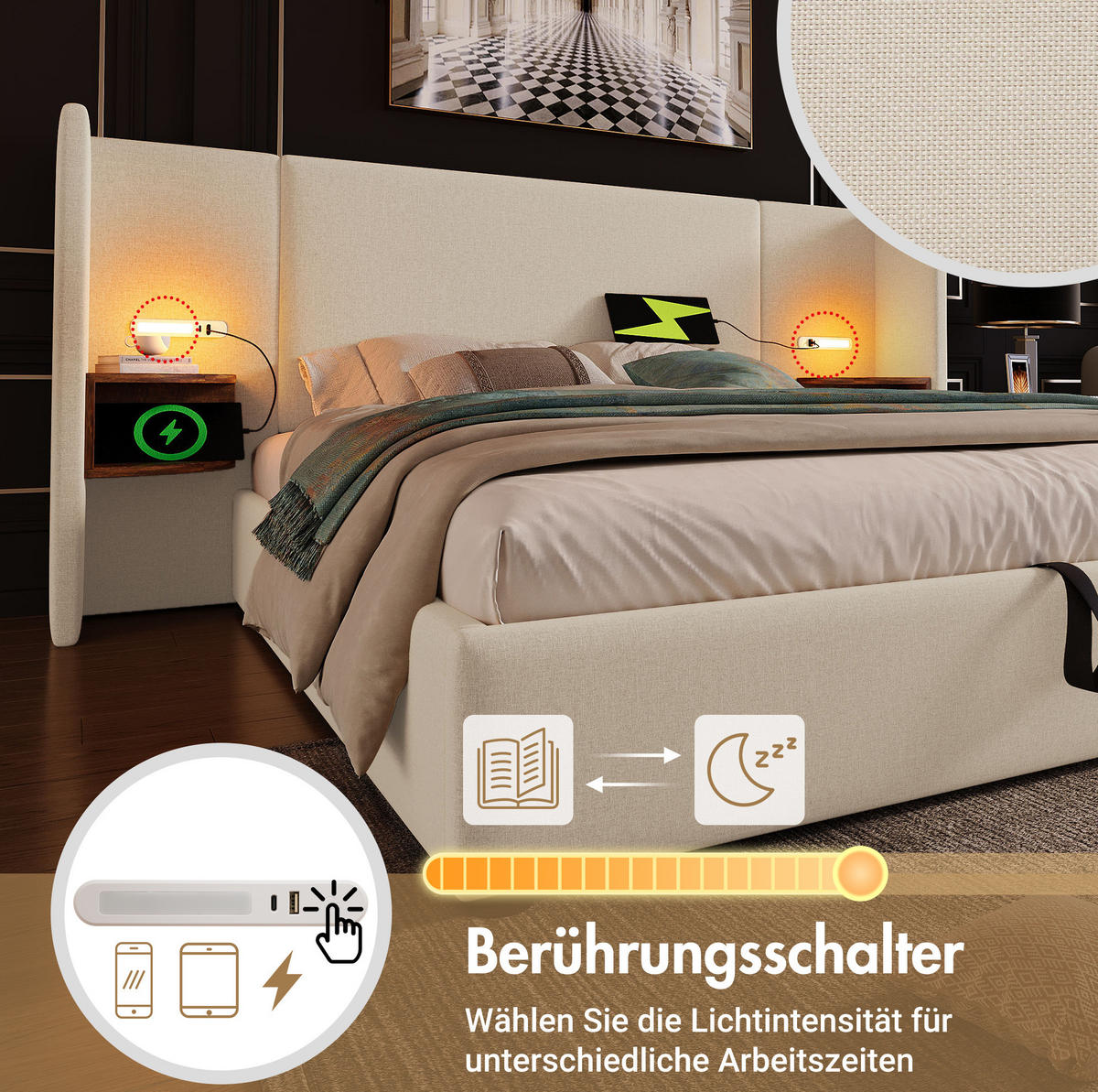 POLSTERBETT 180/200 cm Beige aus Leinen mit Stauraum - Beige, Textil (180/200cm) - OKMYHOME