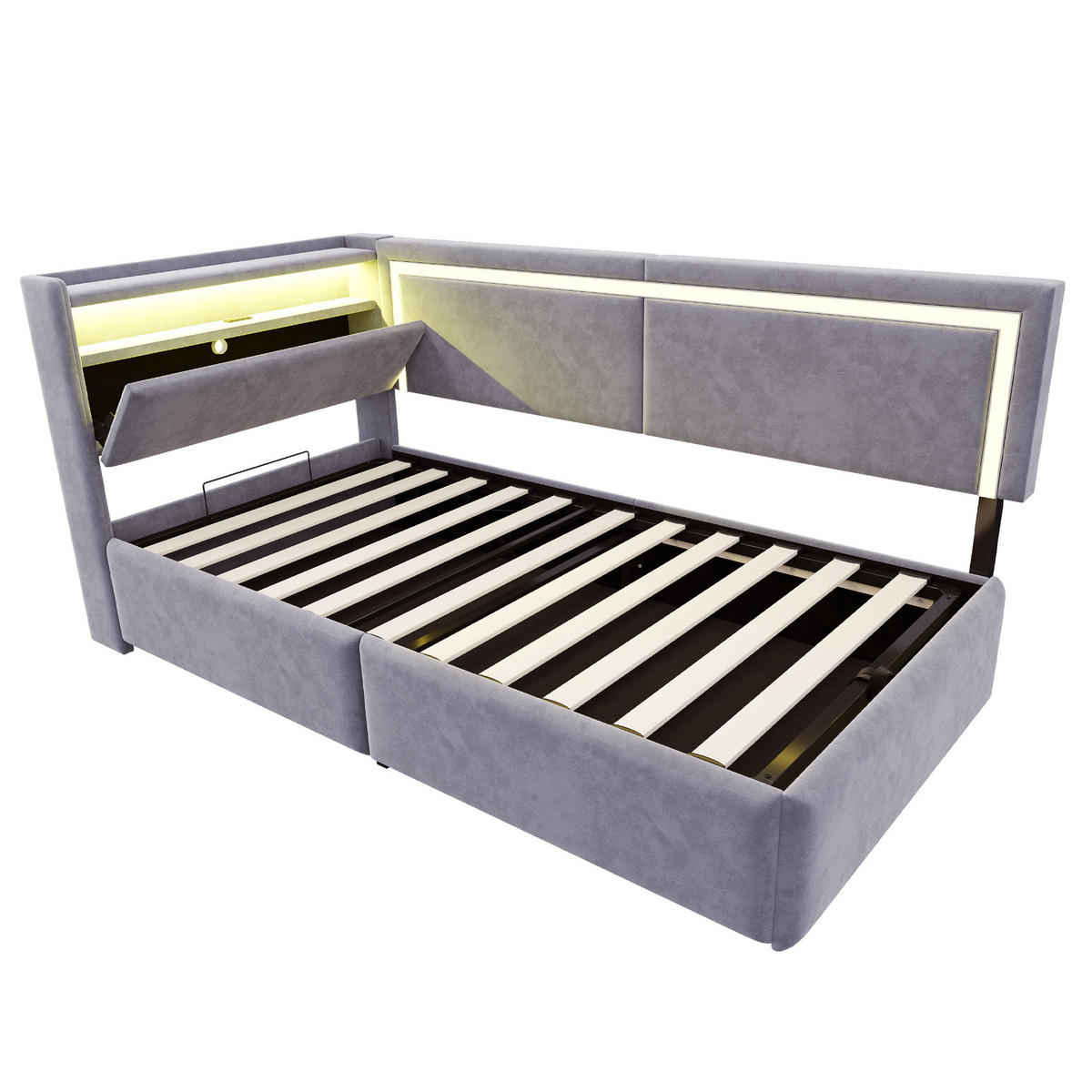 POLSTERBETT aus Samt 90x200 cm Hellgrau mit LED-Beleuchtung, USB-Anschluss und hydraulischem Bettkasten - Hellgrau, Textil (90/200cm) - Modfu