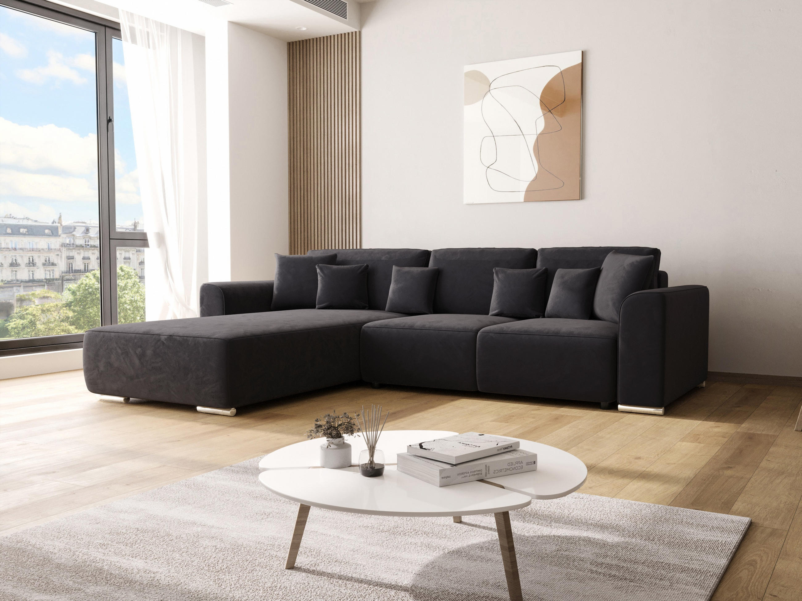 ECKSOFA GUSTO L Monolith 97 Links mit Schlaffunktion - Graphitfarben, Textil (279/193cm) - Bedante