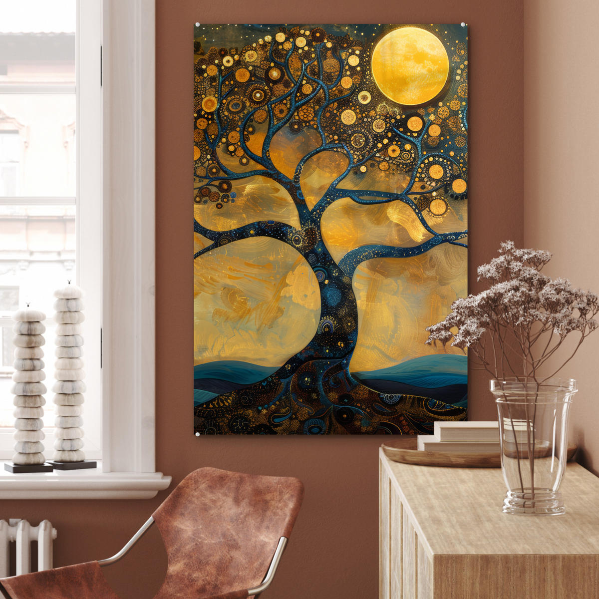 ACRYLGLASBILD Baum - Mond - Blumen - Gold - Kunst 60x90 cm - Orange, Glas (60/90cm) - MuchoWow