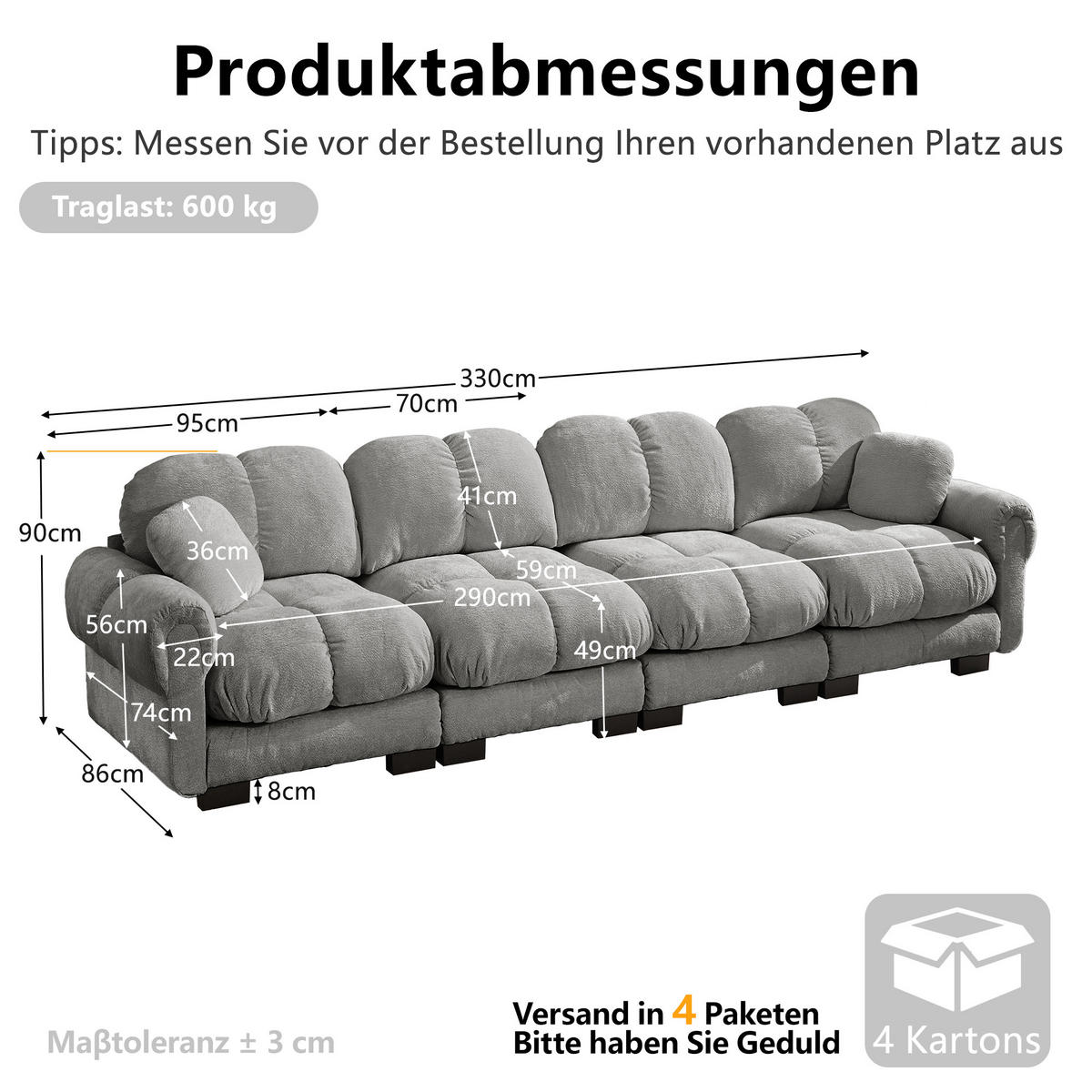 4-SITZER-SOFA DE-34384 Steppdesign Hellgrau - Hellgrau, Textil (86/90/330cm) - ComfortXL