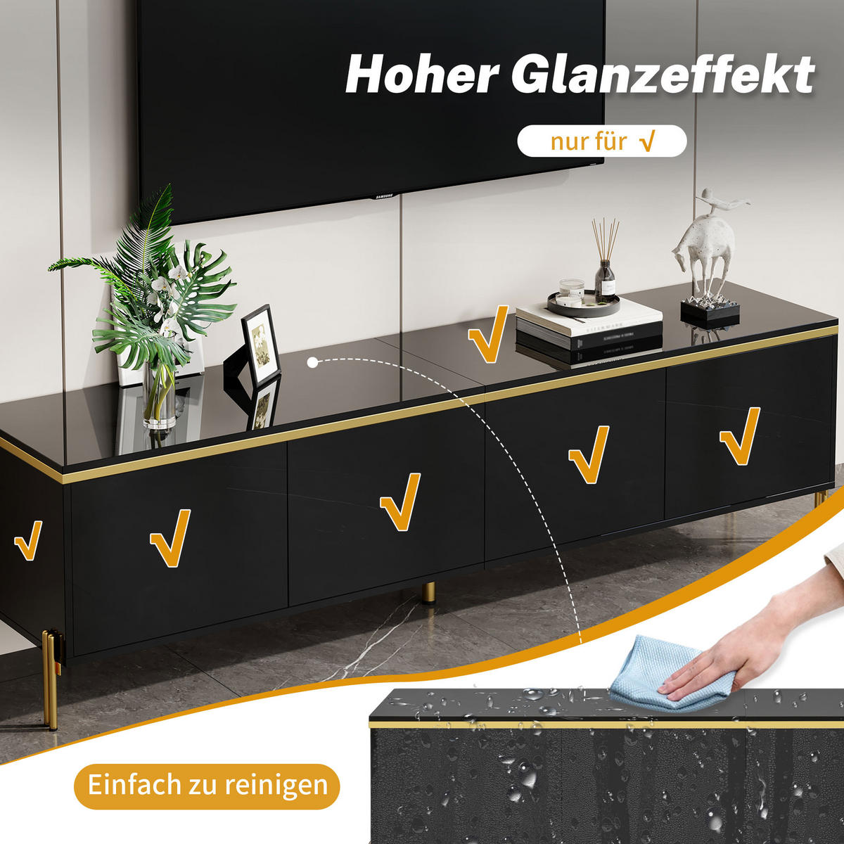 TV-STÄNDER Hochglanz 4 Türen Stauraum Kabelschnittstelle Goldkante - Schwarz, Holzwerkstoff (38/50/170cm) - FLIEKS