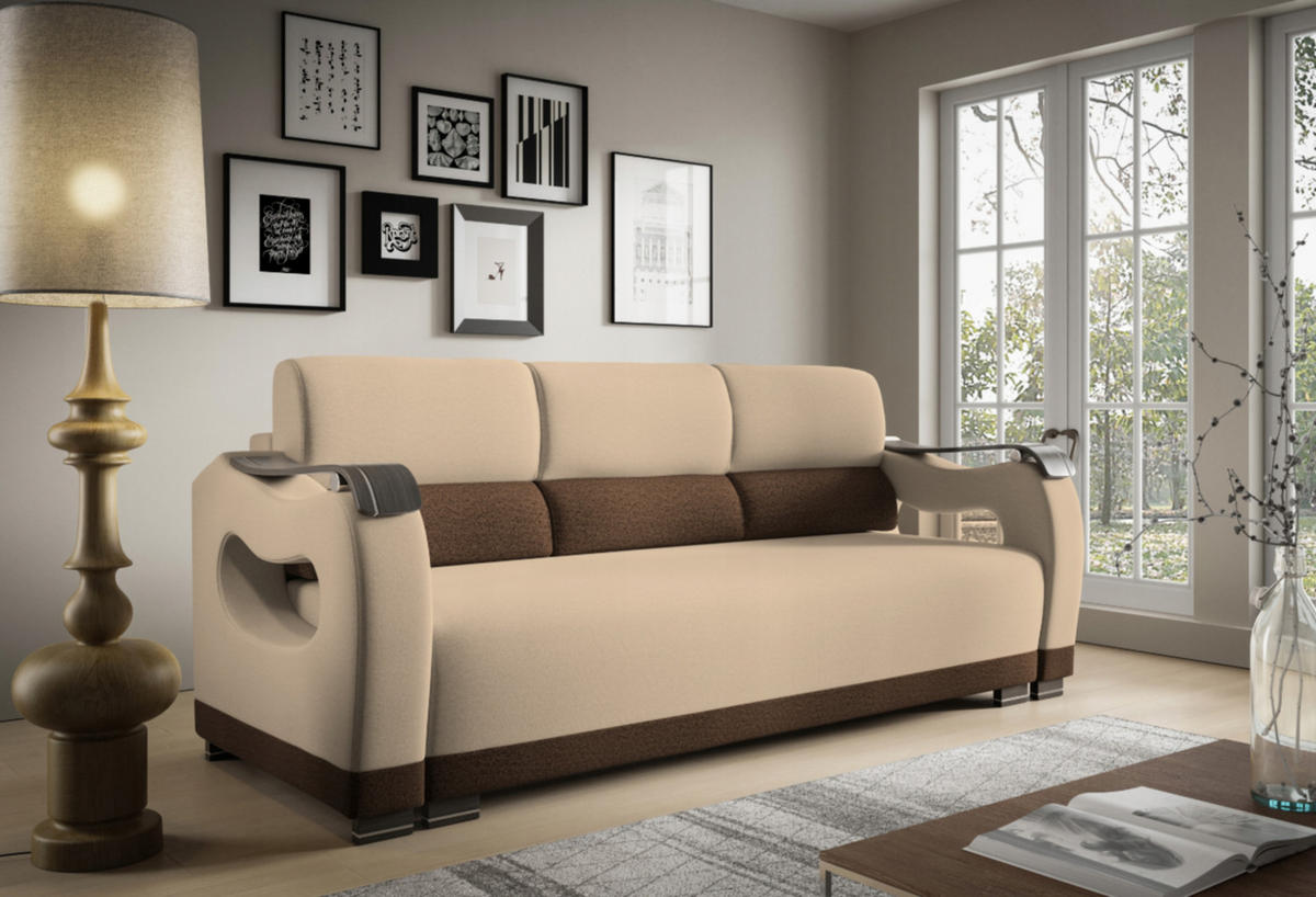 SCHLAFSOFA - Bettsofa Muscari II - Beige + Braun (Loca 12 + Loca 03) - Braun, Holz (227/90/92cm) - Möblo