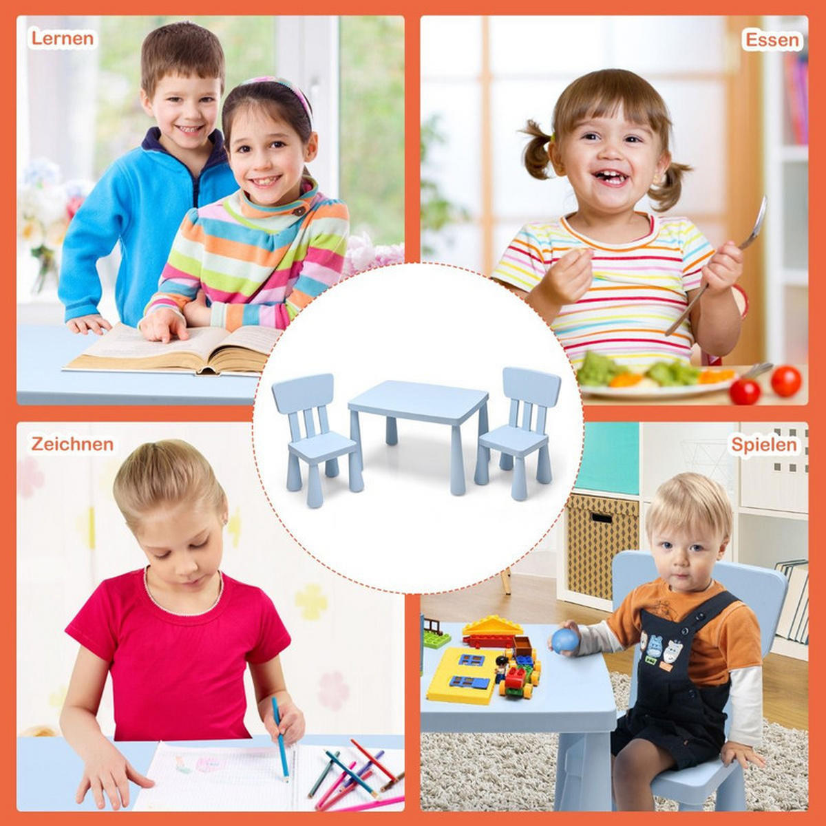 KINDERTISCH mit 2 Stühlen blau(3-tlg) - Blau, Kunststoff (76.5/49.5/54.5cm) - COSTWAY