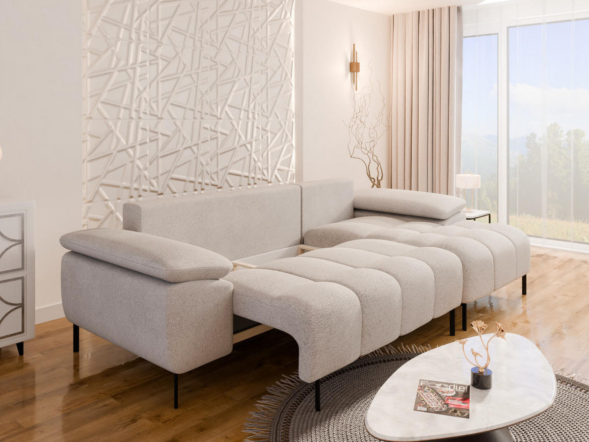 ECKSCHLAFSOFA 4-Sitzer DOLUS – Modernes Ecksofa mit Schlaffunktion Rechts montierbar, Creme - Creme, Holz (141/277cm) - Panda Möbel