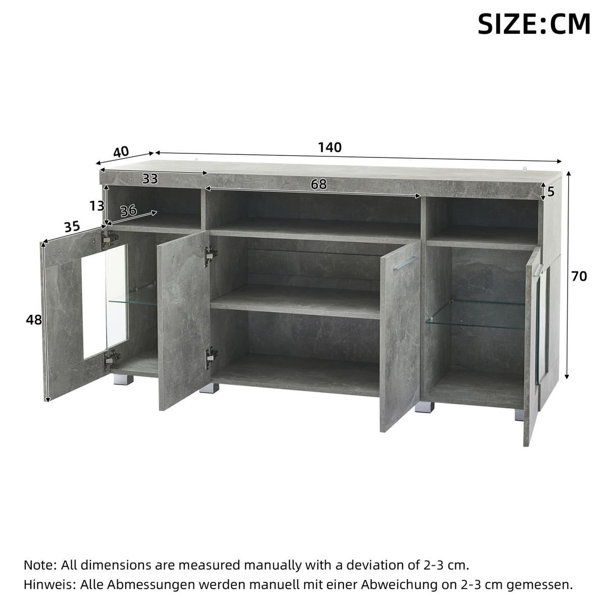 SIDEBOARD 140/40/70 cm mit LED-Beleuchtung, 3 Schubladen und Glastüren aus gehärtetem Glas, Zementgrau - Grau, Holzwerkstoff (140/70/40cm) - Redom