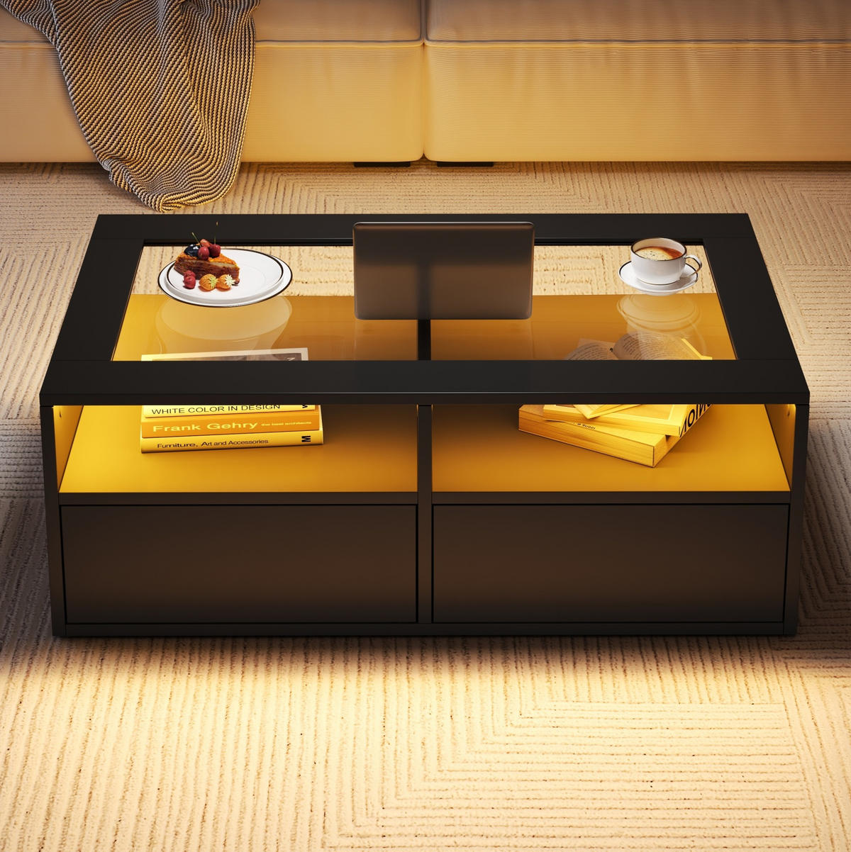 COUCHTISCH aus Glas und Spanplatte 100x50x35 cm in Schwarz mit LED - Schwarz, Holzwerkstoff (100/50/35cm) - Modfu