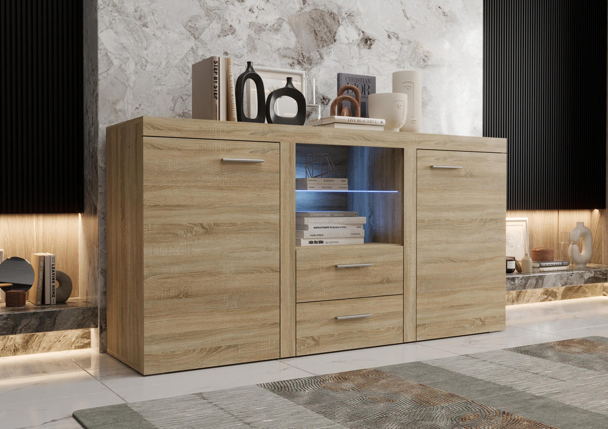 KOMMODE London LRK mit 2 Türen, Sideboard in Farbe: Hellbraun, Größe: 156 x 82 x 40 cm - Hellbraun, Holzwerkstoff (156/82/40cm) - O-Sofa