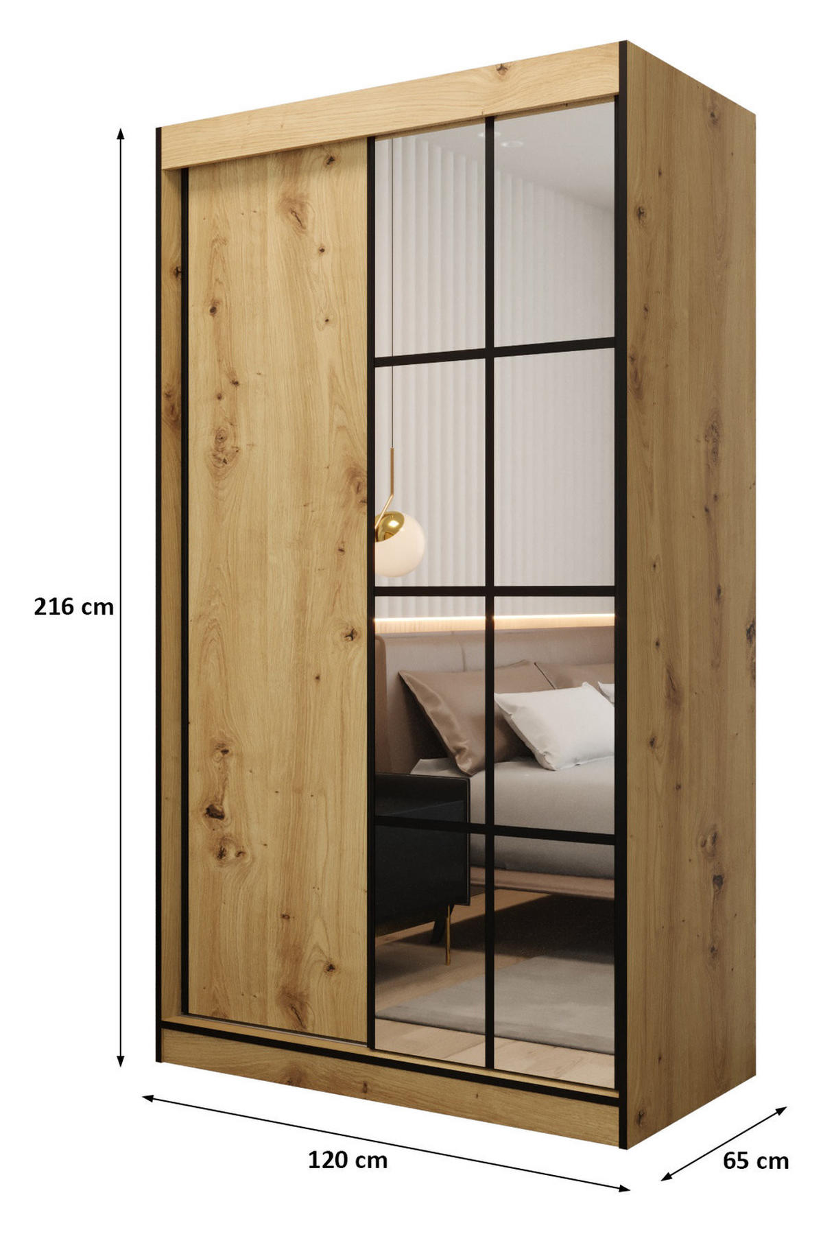 SCHIEBETÜRENSCHRANK MODENA 2 120, 2-türig Kleiderschrank mit 1 Spiegel, Moderne Garderobe, Schrank in Größe: 120 x 216 x 65 cm - Schwarz/Braun, Holzwerkstoff (120/216/65cm) - O-Sofa