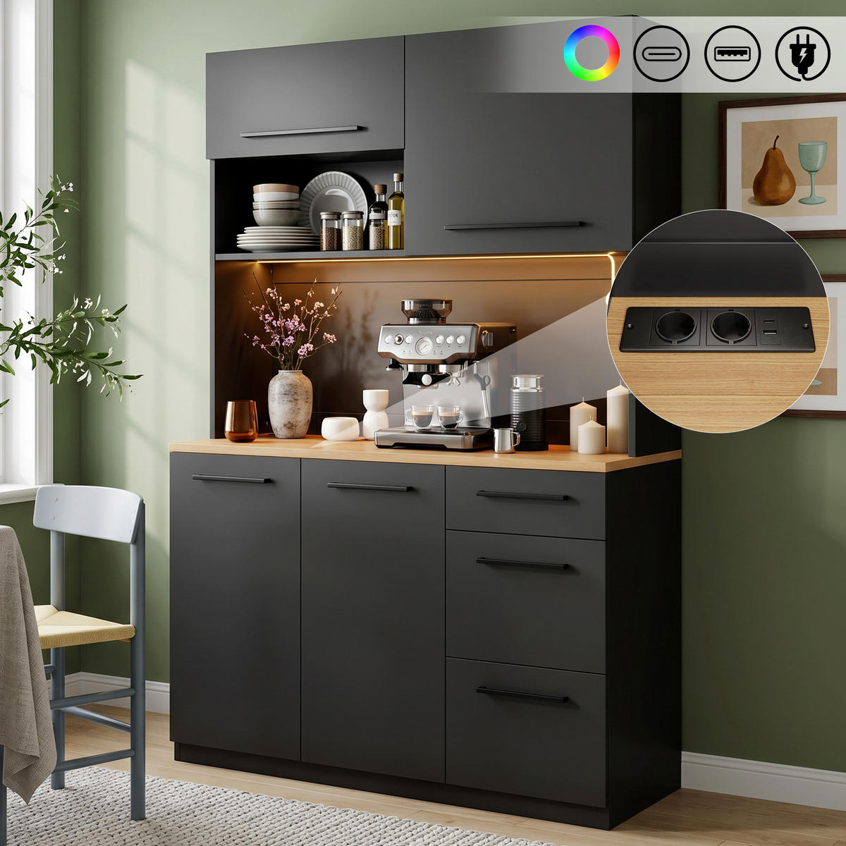 BUFFETSCHRANK 120x40x180cm LED Steckdose USB Schwarz - Schwarz, Holzwerkstoff (120/180/40cm) - FLIEKS