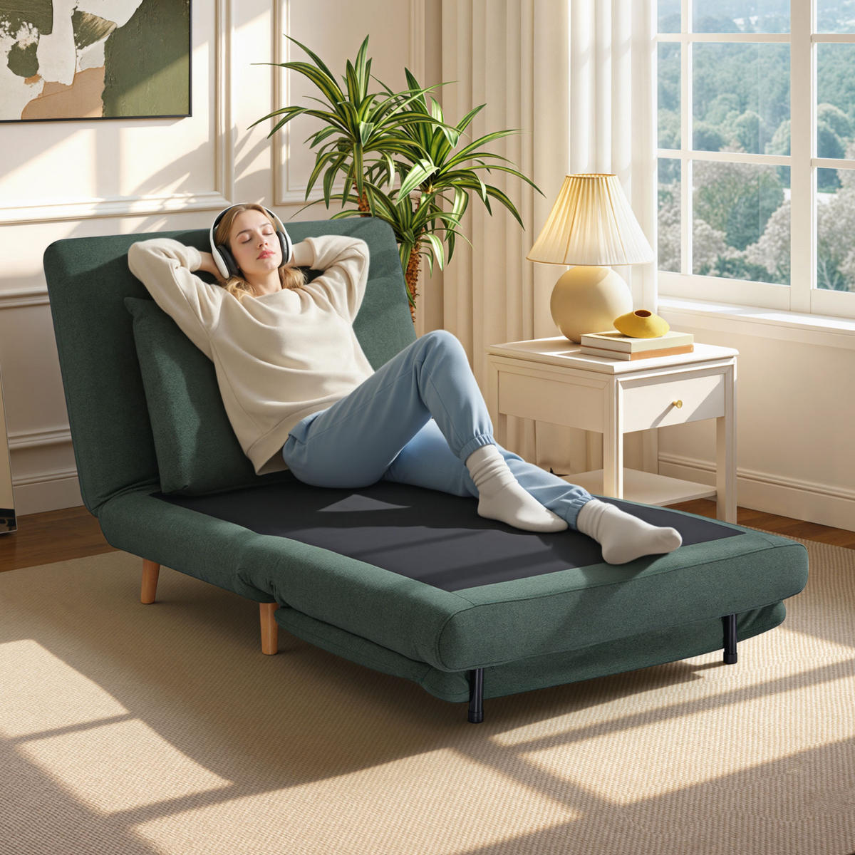 SCHLAFSESSEL 3-in-1 Sessel Bett-Funktion, verstellbare Rückenlehne - Dunkelgrün/Buchefarben, Buchenholz/Textil (90/80/95cm) - HOMCOM