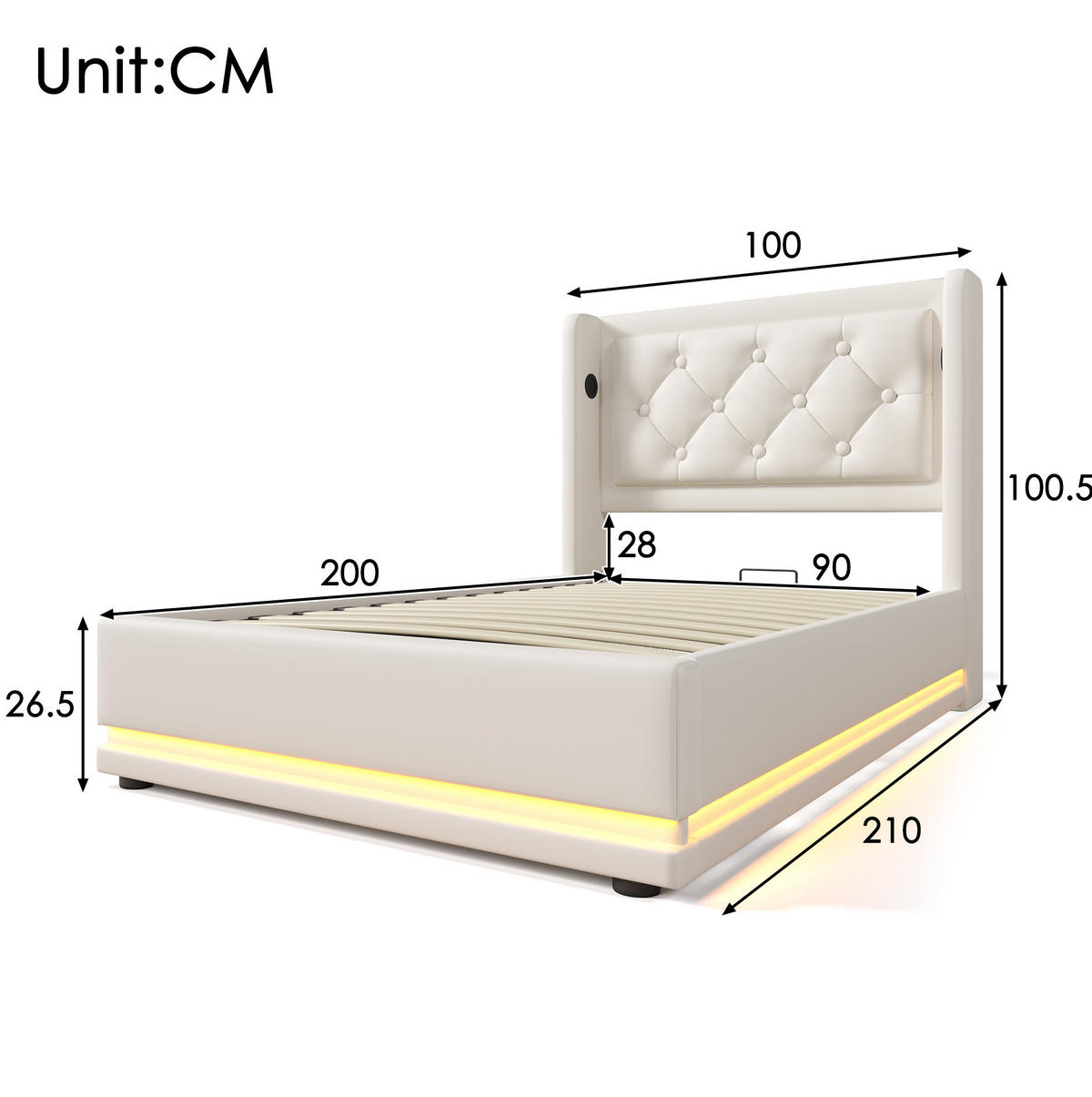 POLSTERBETT 90/200 cm Weiß aus PU mit Bettkasten, USB und LED - Weiß, Kunststoff (90/200cm) - OKMYHOME
