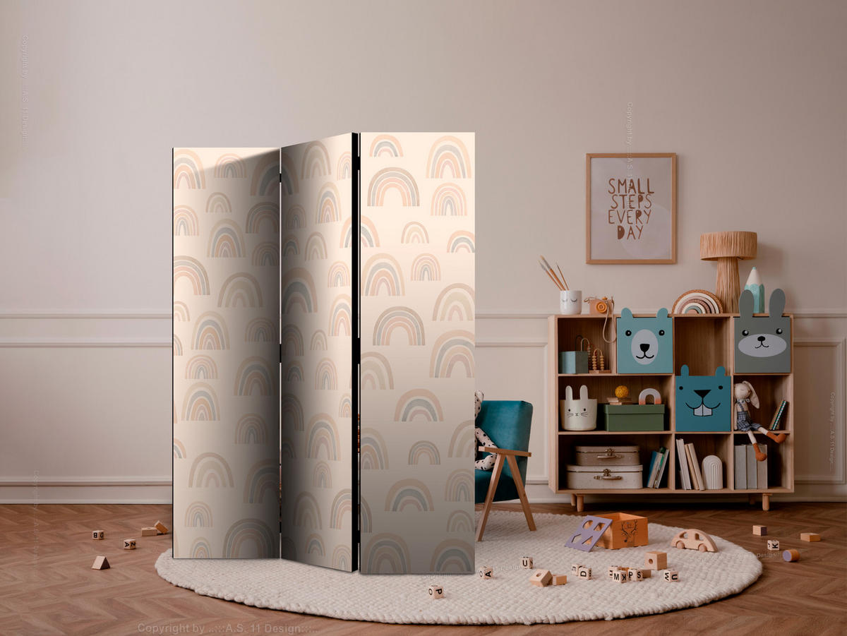 PARAVENT Akustik 3-tlg 135x172 cm Regenbogen Boho-Stil - Beige, Holz/Textil (135/172/3cm) - Muralo