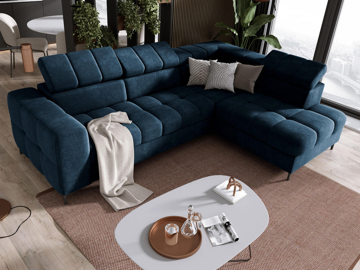 ECKSOFA PABLOS Vogue, L-förmig, Moderne, mit verstellbarem Kopfteil, Schlaf- & Lagermöglichkeiten, freistehend, RECHTS 279x201x97 cm Blue - Blau, Holz/Textil (279/201cm) - DomoHome