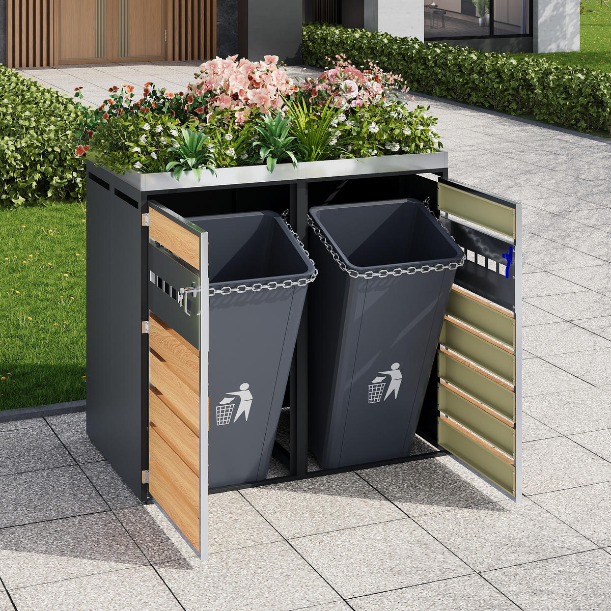 MÜLLTONNENBOX aus Stahl in Grau Holzoptik mit Pflanztrog & Belüftung - Grau, Metall (132/124.5/80cm) - Modfu