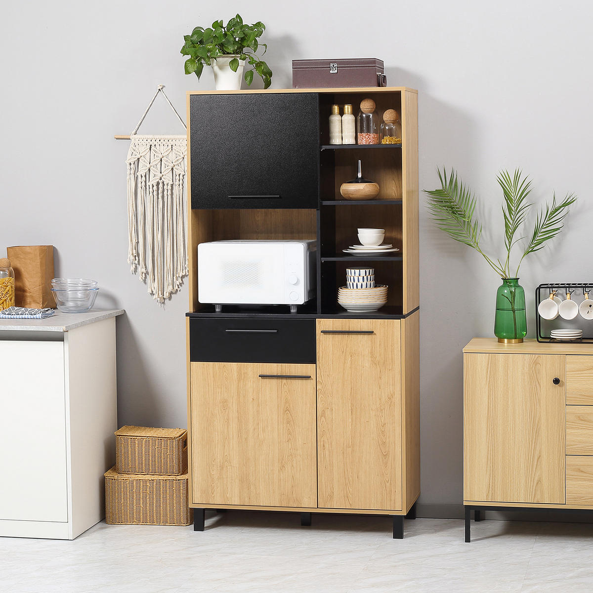 BUFFET DE-11033 3 Türen Schwarz/Naturholz - Naturfarben, Holzwerkstoff (40/180/90cm) - ComfortXL