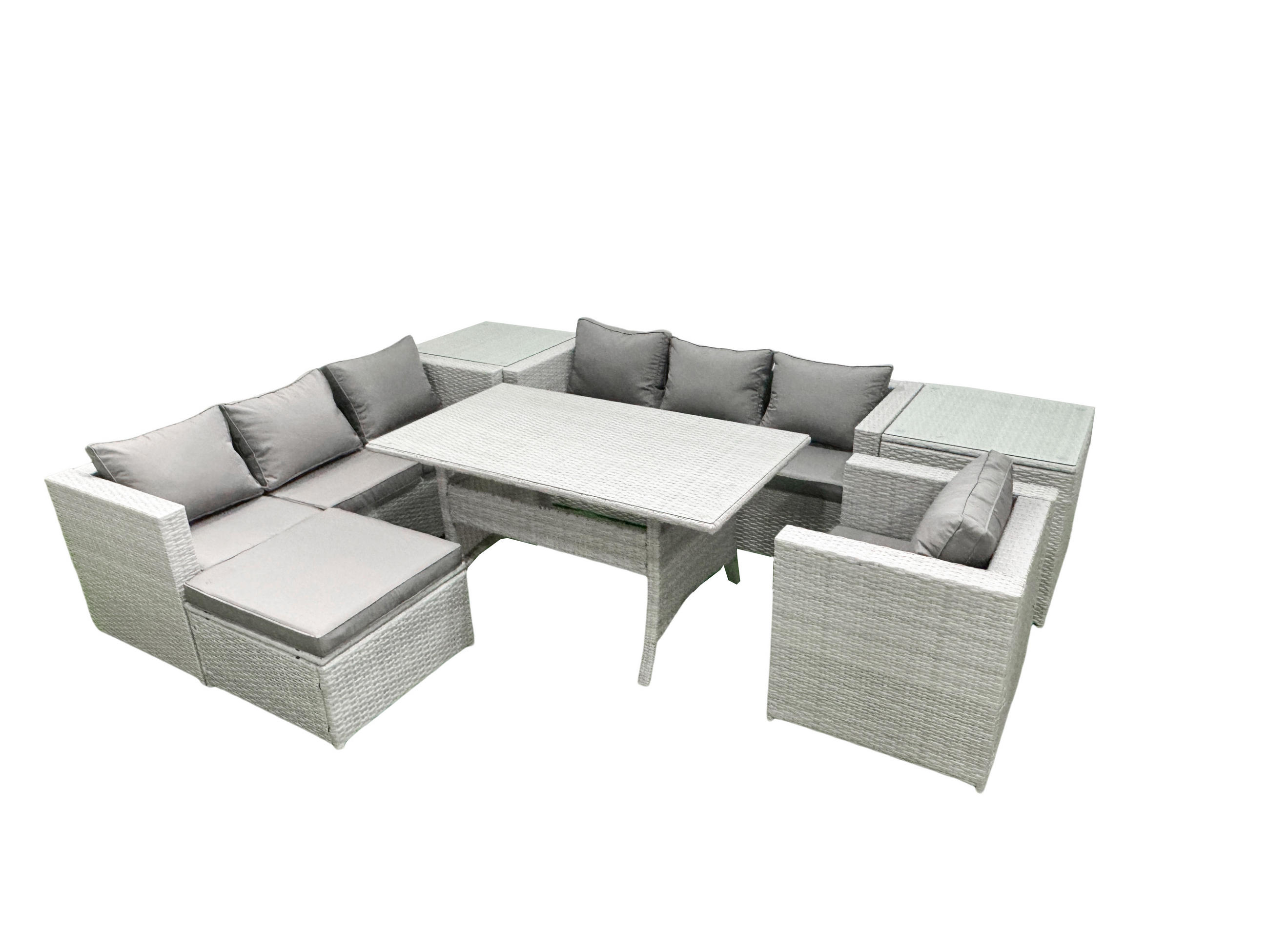 GARTENMÖBEL SET mit 3-Sitzer-Sofa und Sessel, Esstisch,2 Beistelltischen,Großer Fußhocker Polyrattan Hellgrau 8-Sitzer - Hellgrau/Grau, Glas/Kunststoff - Fimous
