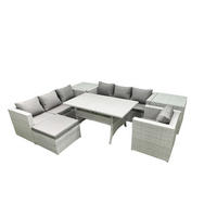 GARTENMÖBEL SET mit 3-Sitzer-Sofa und Sessel, Esstisch,2 Beistelltischen,Großer Fußhocker Polyrattan Hellgrau 8-Sitzer - Hellgrau/Grau, Glas/Kunststoff - Fimous