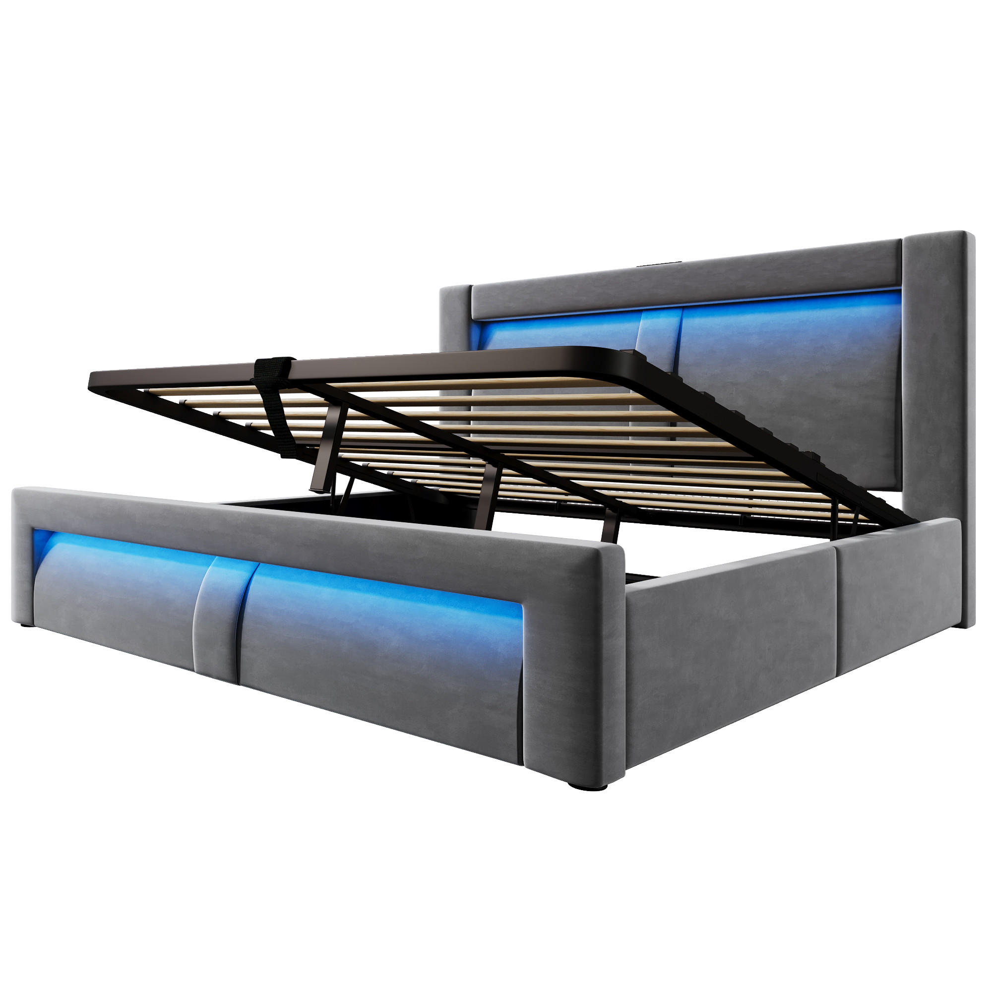 POLSTERBETT 160/200 cm Grau mit Stauraum, LED-Beleuchtung, USB und Type-C-Ladeanschlüsse - Grau, Textil (160/200cm) - Oxeza