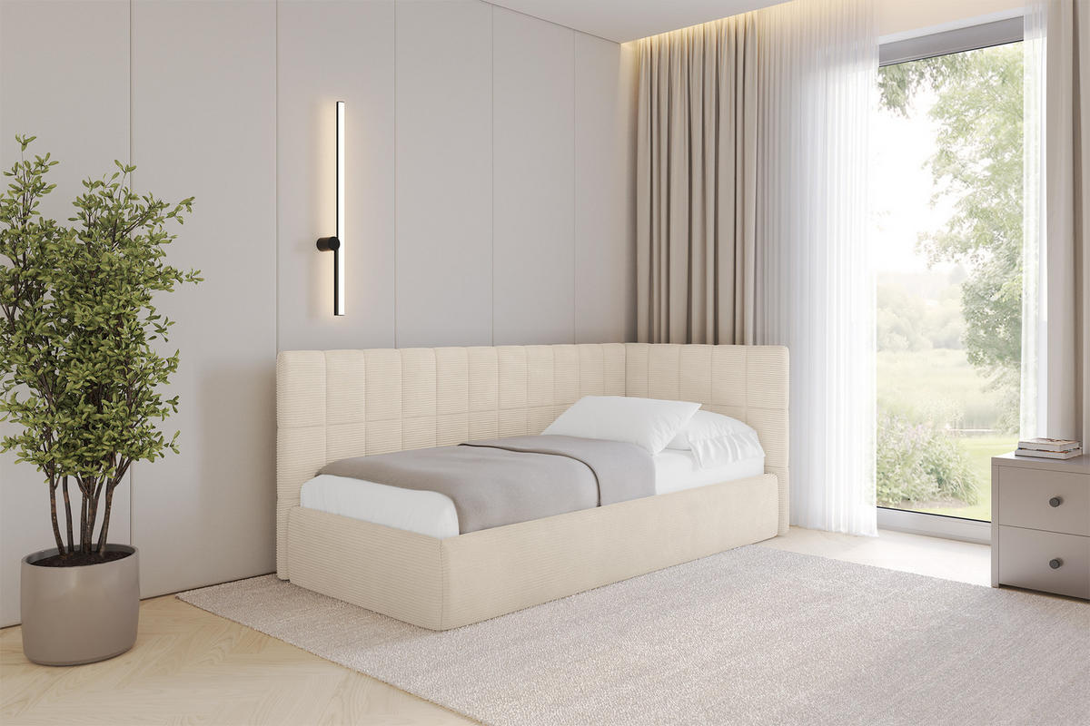 EINZELLBETT Jugendbett mit Bettkasten, Links - TULY 90x200 Beige - Creme, Holzwerkstoff/Textil (90/200cm) - ALTDECOR