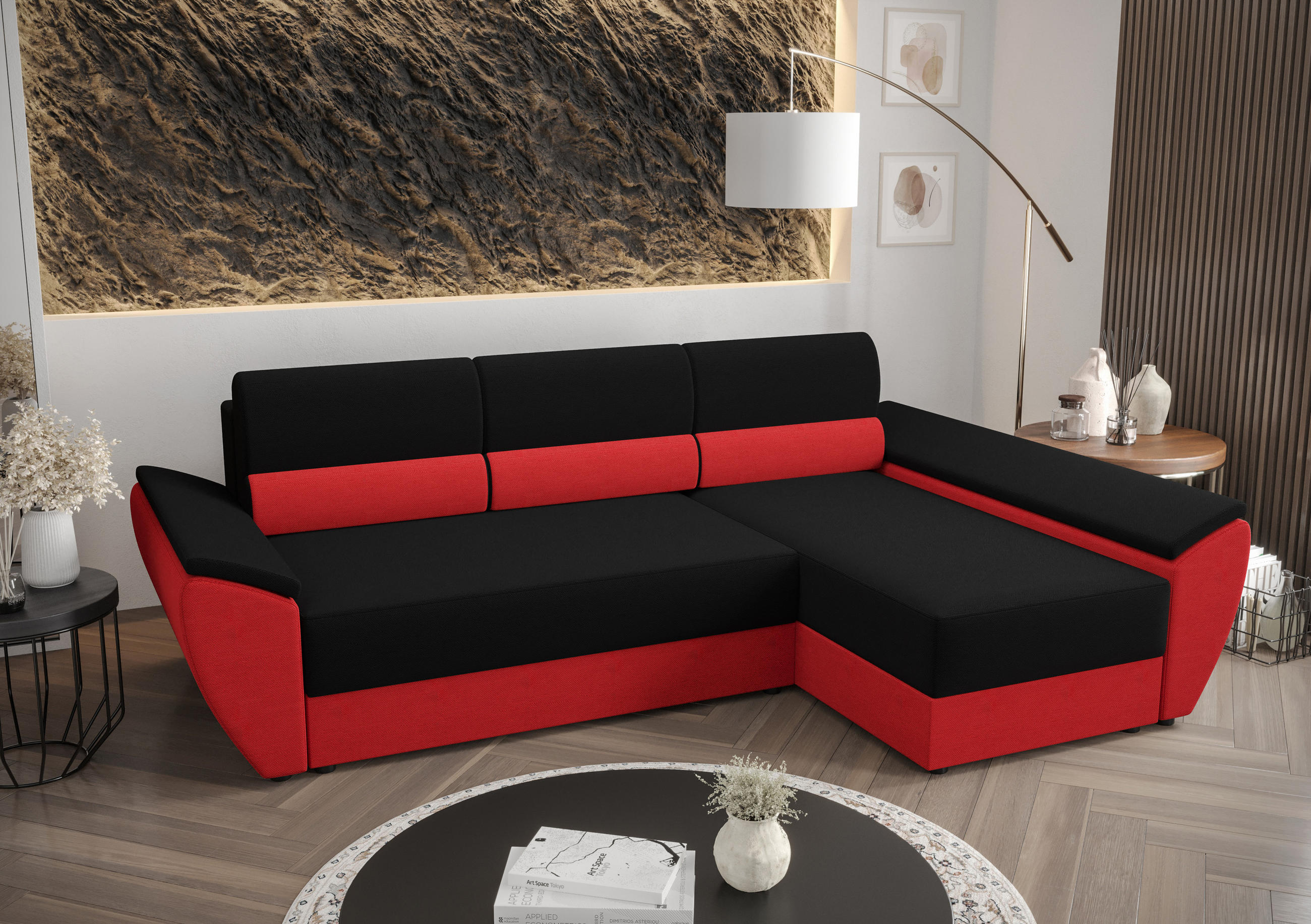 ECKSOFA L REBI L3 Rainbow 15/22 Rechts mit Schlaffunktion, Schwarz/Rot - Rot/Schwarz, Textil (251/140cm)