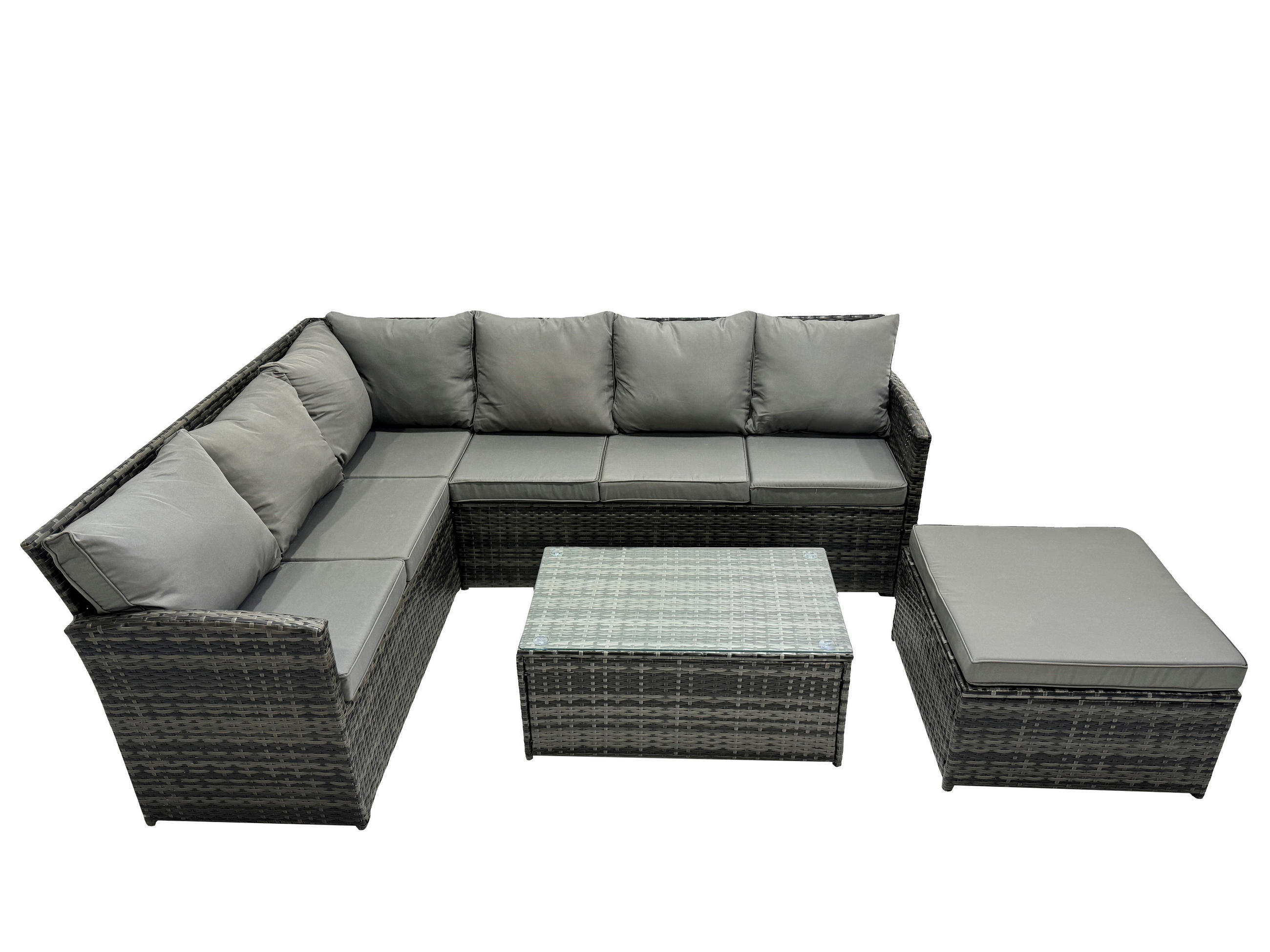 GARTENSET mit Couchtisch, Fußhocker Polyrattan Dunkelgrau 7-Sitzer - Dunkelgrau/Grau, Glas/Kunststoff - Fimous