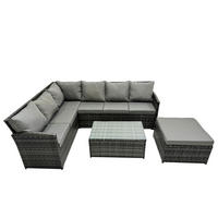 GARTENSET mit Couchtisch, Fußhocker Polyrattan Dunkelgrau 7-Sitzer - Dunkelgrau/Grau, Glas/Kunststoff - Fimous