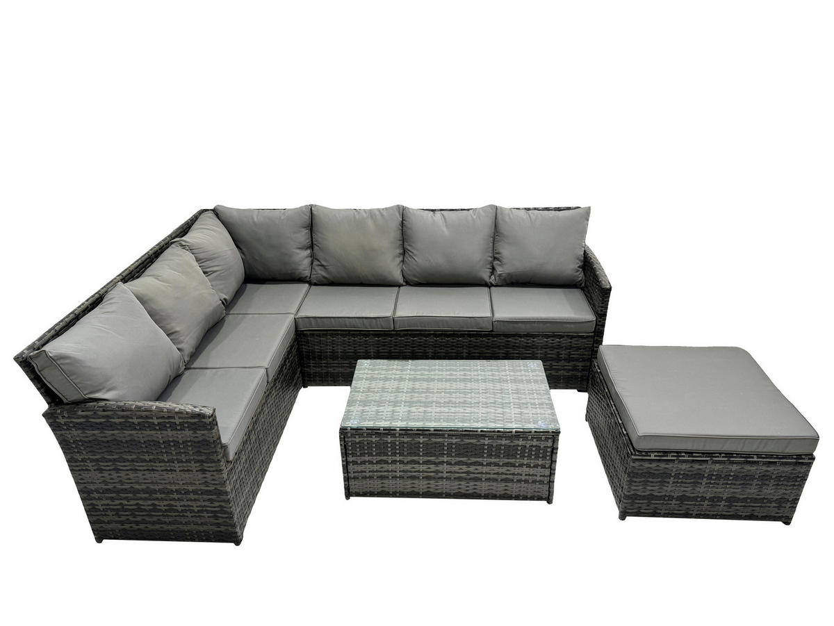 GARTENSET mit Couchtisch, Fußhocker Polyrattan Dunkelgrau 7-Sitzer - Dunkelgrau/Grau, Glas/Kunststoff - Fimous