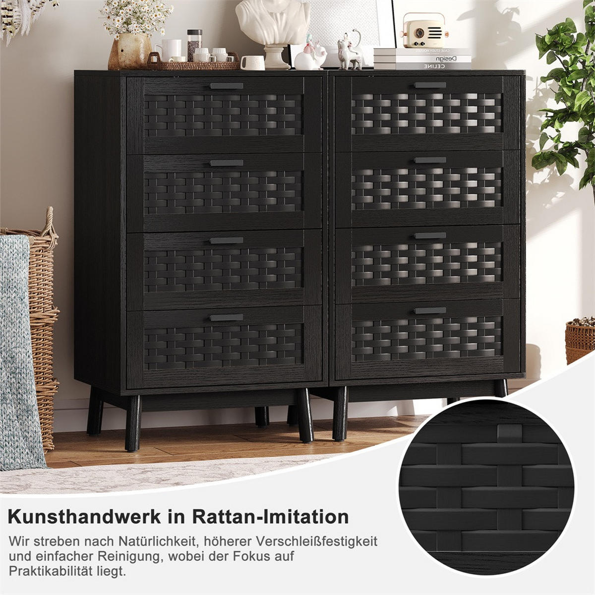 KOMMODE mit 4 Schubladen - pflegeleichtes PVC-Geflecht und zylindrische Beine - Schwarz - Schwarz, Holzwerkstoff (39.8/95/55cm) - DELFA