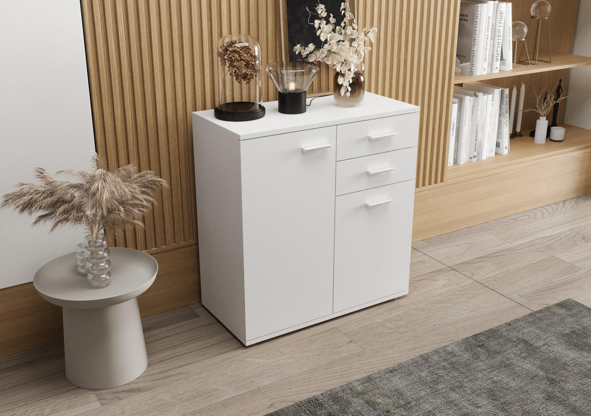 KOMMODE London LMK 2D2S mit 2 Türen, Sideboard in Farbe: Weiß, Größe: 71 x 75 x 35 cm - Weiß, Holzwerkstoff (71/75/35cm) - O-Sofa