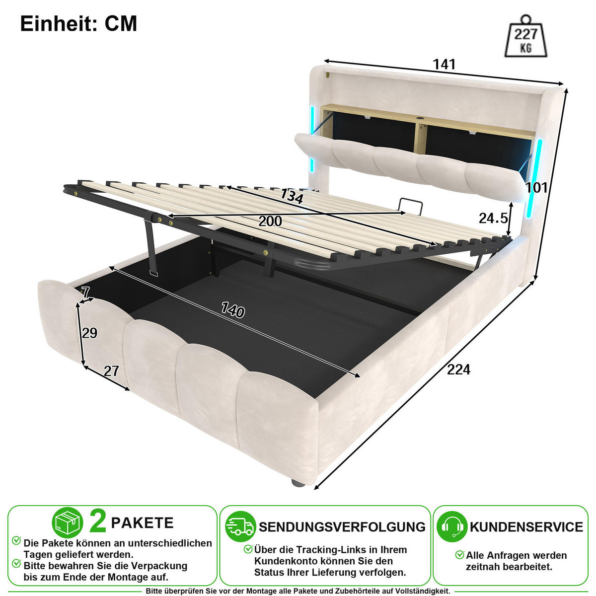POLSTERBETT 140/200 cm in Beige mit Bettkasten, LED, USB und Type-C Samt - Beige, Holzwerkstoff/Textil (140/200cm) - CHICFURN