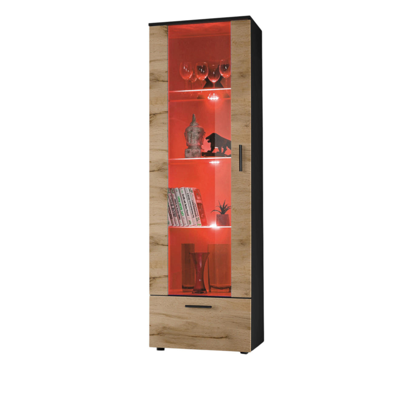 VITRINE ALESSANDRIA, Wotan, LED Mehrfarbige - Eiche Wotan/Schwarz, Glas/Holzwerkstoff (60/192/42cm) - Komodee