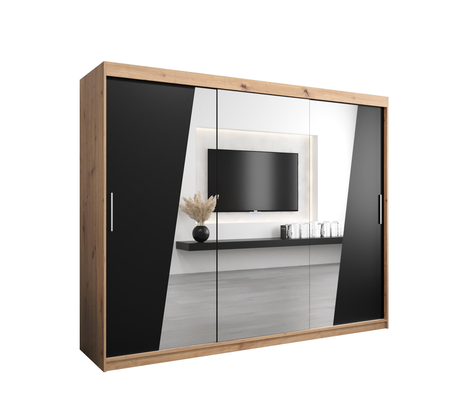 Abiks Möbel Schwebetürenschrank Eiche Artisan, Schwarz 250x200x62 cm