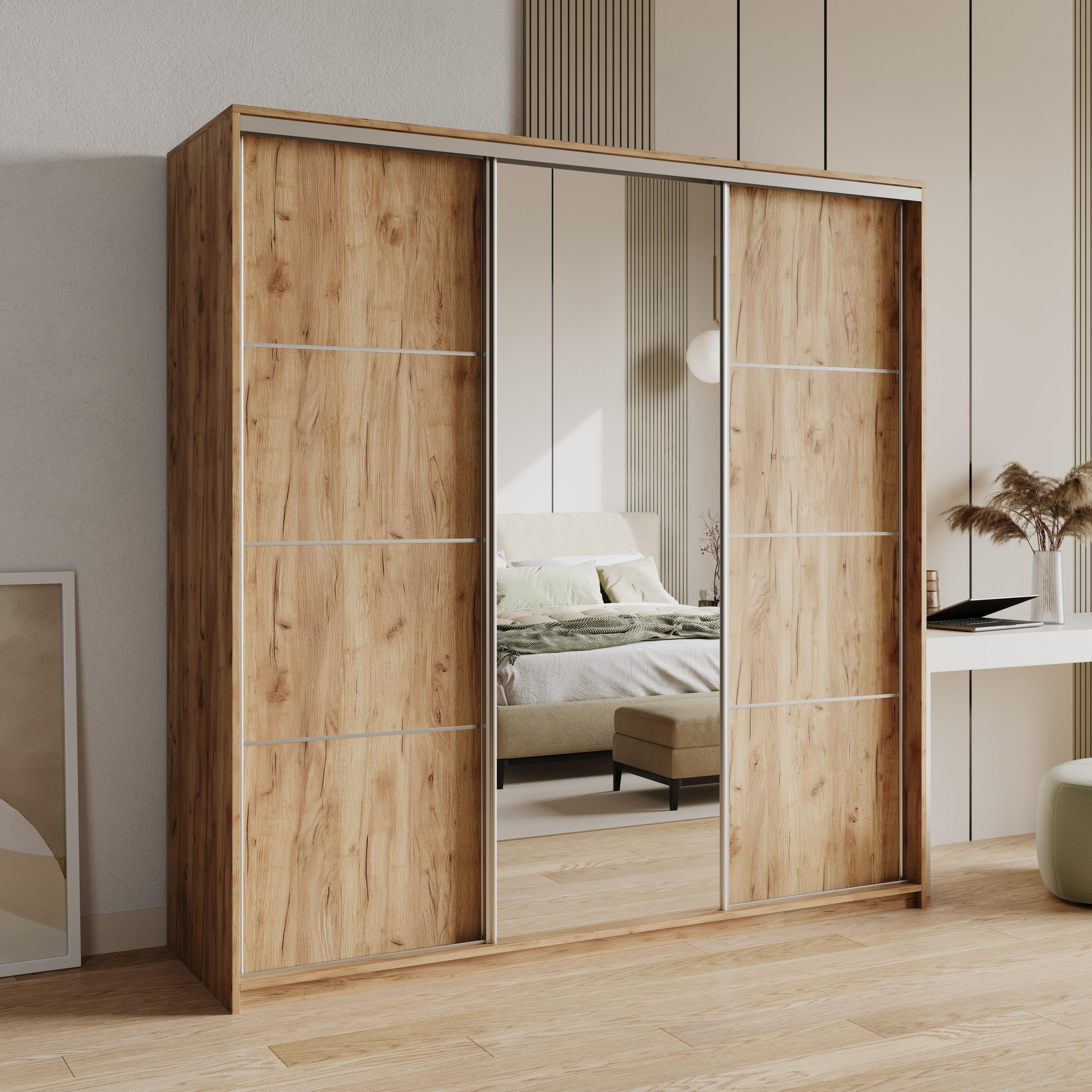 SCHWEBETÜRENSCHRANK VARO 200/205/60 cm 3-türig mit Spiegel Orange - Orange, Holzwerkstoff (200/205/60cm) - MASSENO