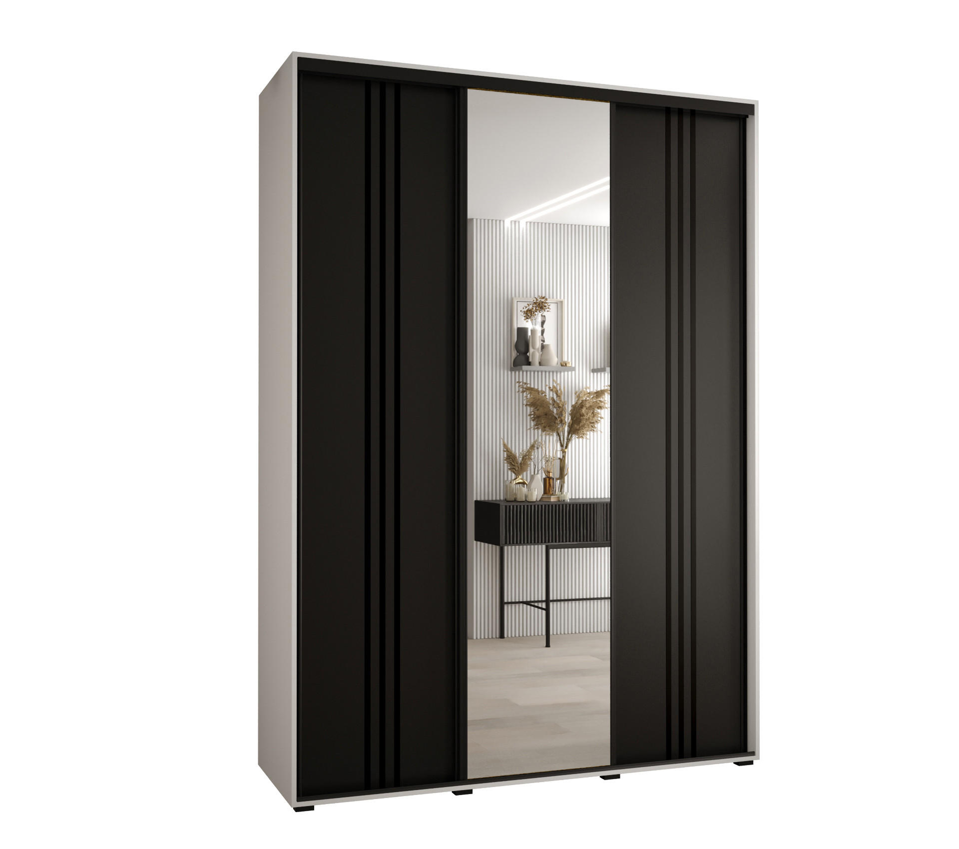 Abiks Möbel SCHWEBETÜRENSCHRANK Weiß, Schwarz, Schwarz 180cm × 45cm × 235cm