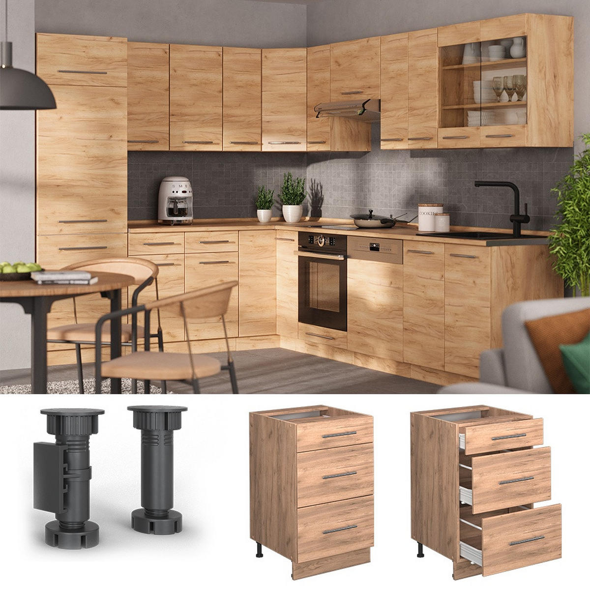 KÜCHENUNTERSCHRANK Fame-Line Goldkraft Eiche 50 cm , AP Anthrazit - Honigeiche, Holzwerkstoff (50/82/60cm) - Vicco