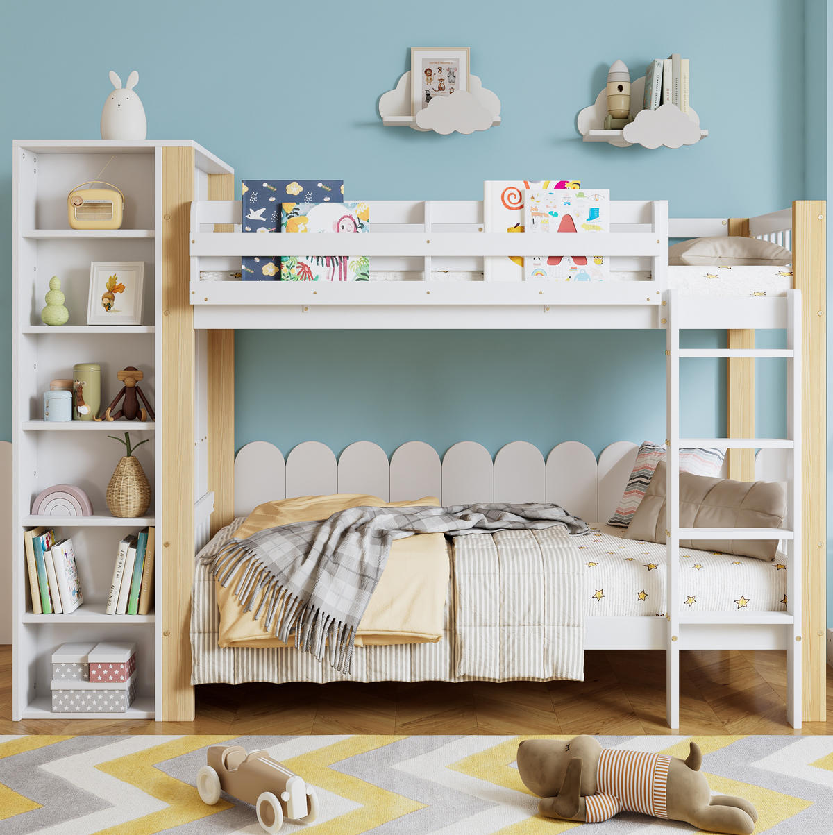 ETAGENBETT 90/200 cm mit Kleiderschrank, Regalen, 4-stufiger Leiter und Fallschutz aus Kieferholz & MDF, Weiß/Natur - Weiß, Holzwerkstoff (90/200cm) - Redom