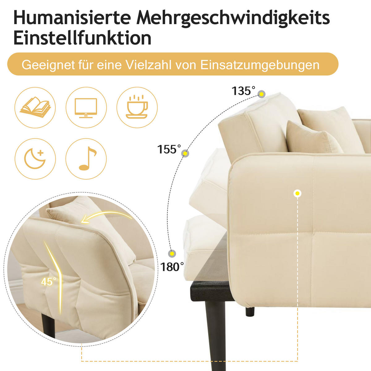 SCHLAFSOFA 2-Sitzer Samtbezug mit verstellbaren Rückenlehnen und klappbaren Armlehnen Beige 176/78/76 cm - Beige, Textil (78/76/176cm) - Redom