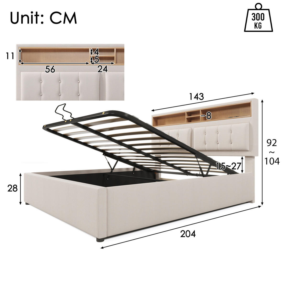 POLSTERBETT 140/200 cm aus Leinen mit Matratze, USB-C, Steckdosen, verstellbarem Kopfteil und Bettkasten, Beige - Beige, Textil (140/140cm) - Redom