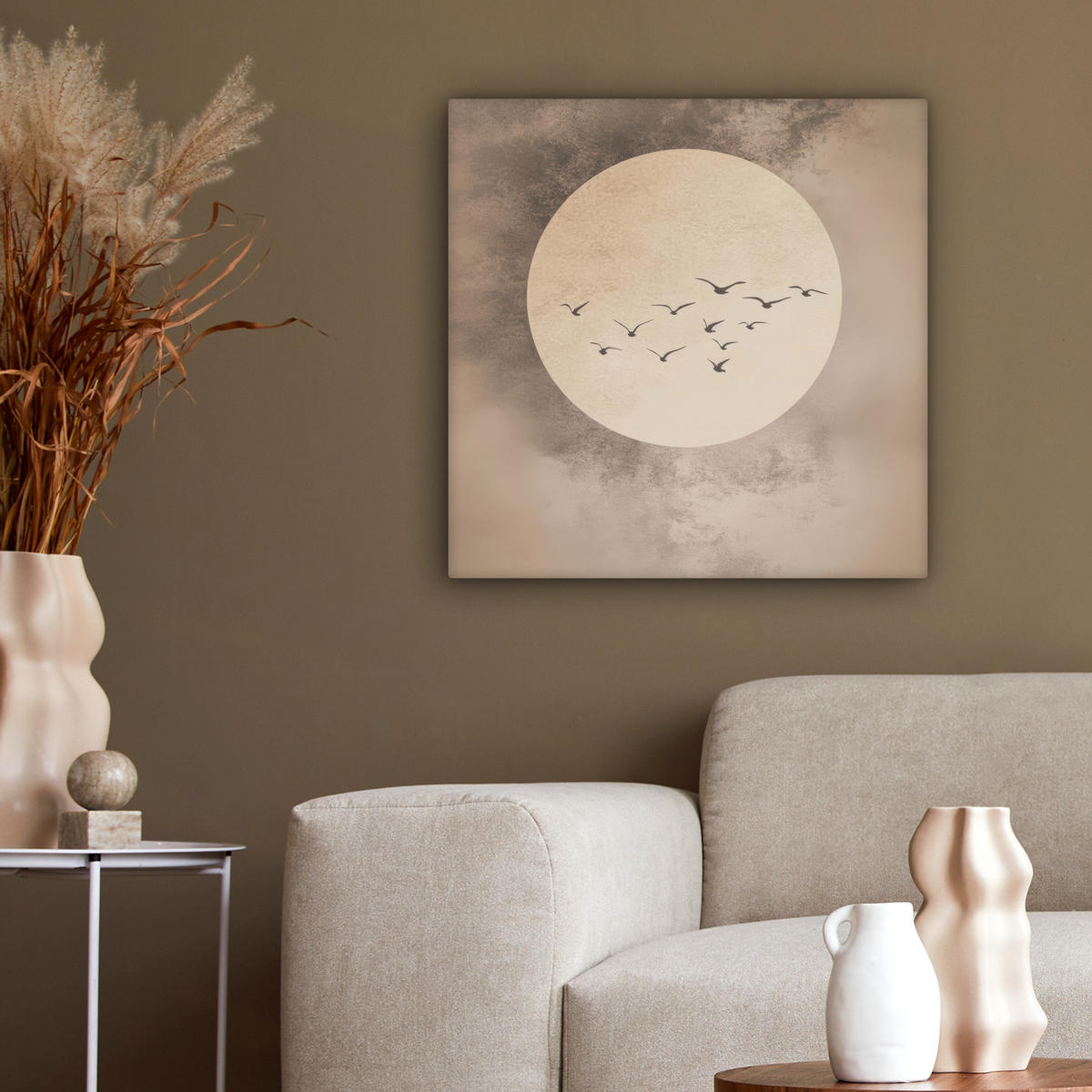 LEINWANDBILD Vogel - Beige - Japanisch 50x50 cm - Taupe, Textil (50/50cm) - MuchoWow