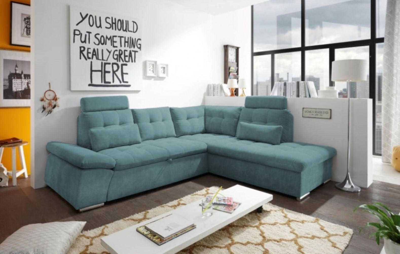 ECKSOFA mit Schlaffunktion, Bettkasten und verstellbarer Armlehne - Chromfarben/Grün, Textil (219/260cm) - ed exciting design