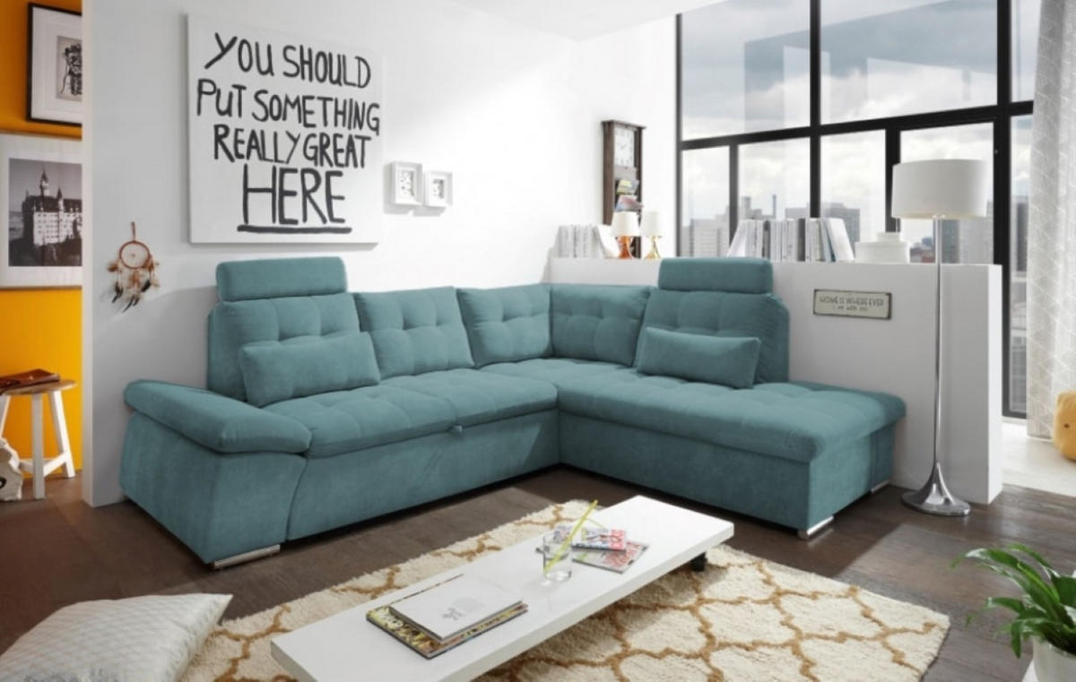 ECKSOFA mit Schlaffunktion, Bettkasten und verstellbarer Armlehne - Chromfarben/Grün, Textil (219/260cm) - ed exciting design