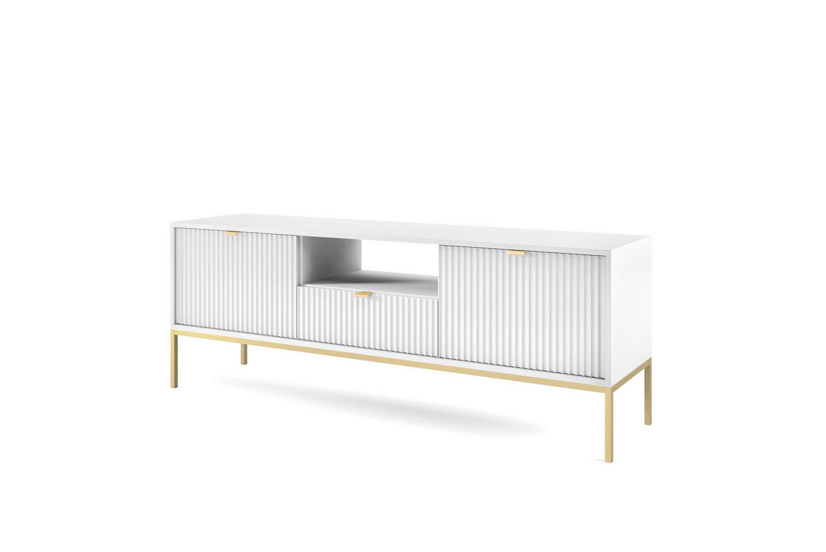 TV-SCHRANK NOVA Geriffelt Regal, 2 Türen, Schublade, Goldene Beine, 154x39x56cm, Weiß - Goldfarben/Weiß, Holzwerkstoff/Kunststoff (154/56/39cm) - DomoHome
