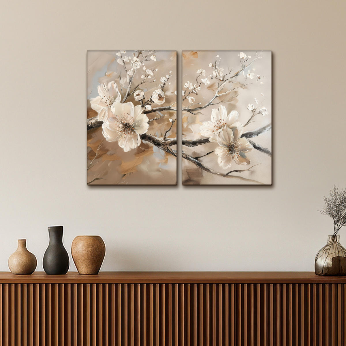 LEINWANDBILD 2er Set Blüte - Beige - Abstrakt - Blumen 80x60 cm - Hellbraun, Textil (80/60cm) - MuchoWow