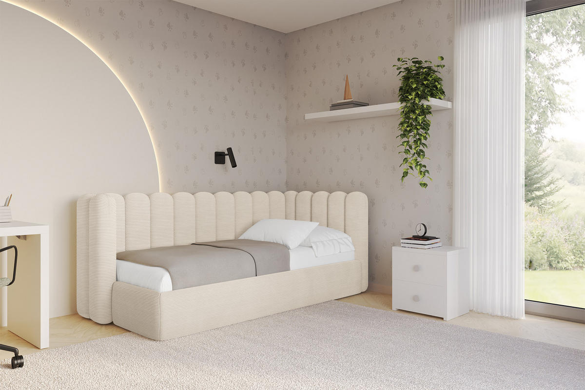 EINZELLBETT Jugendbett mit Bettkasten und Matratze H3/H4, Links - HUGY 100x200 Beige - Creme, Holzwerkstoff/Textil (100/200cm) - ALTDECOR