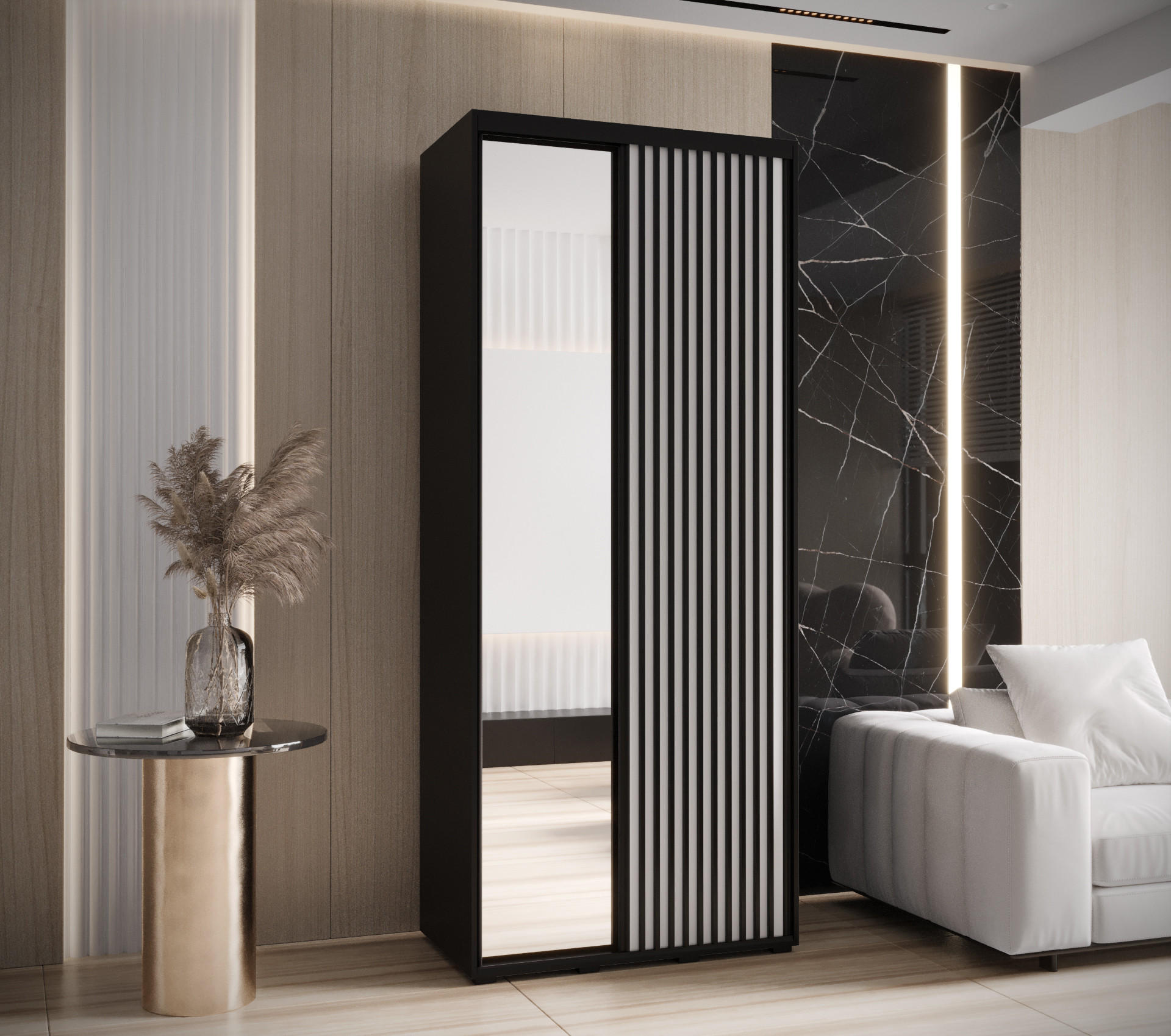 Thumbnail - Abiks Möbel Schwebetürenschrank, Schwarz, Weiß, Schwarz, Metall, Nachbildung, 6 Fächer, 110x205.2x60 cm, Schlafzimmer, K...