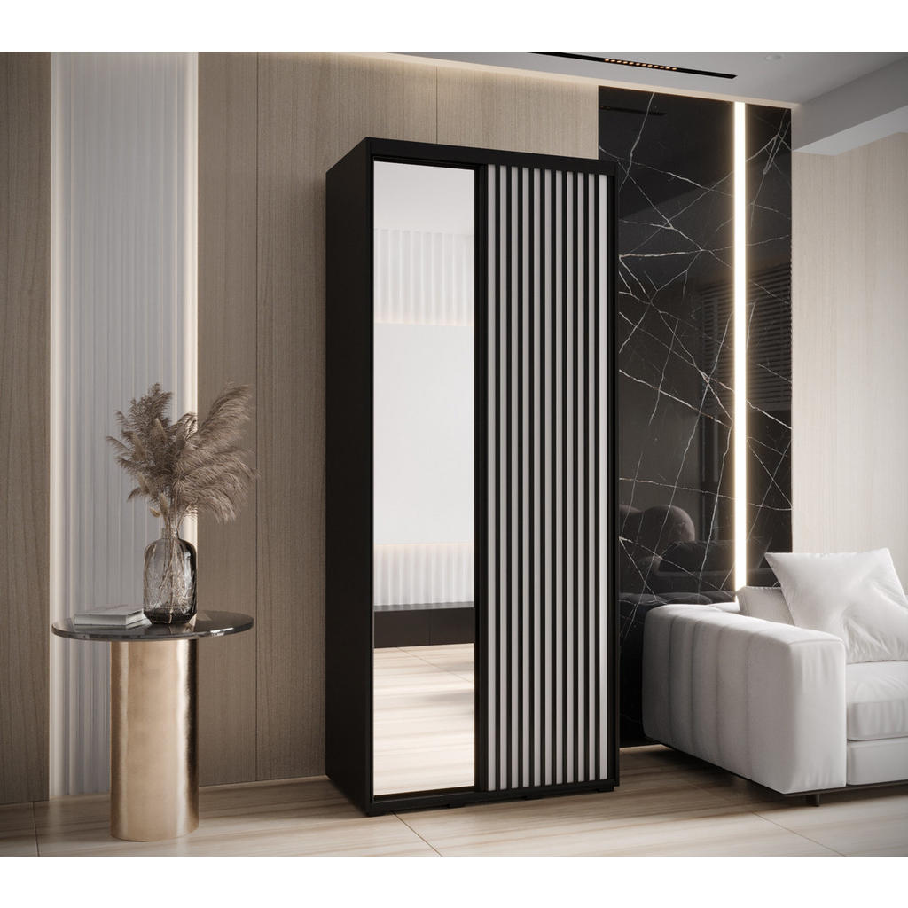 Thumbnail - Abiks Möbel Schwebetürenschrank, Schwarz, Weiß, Schwarz, Metall, Nachbildung, 6 Fächer, 100x235x45 cm, Schlafzimmer, Kle...
